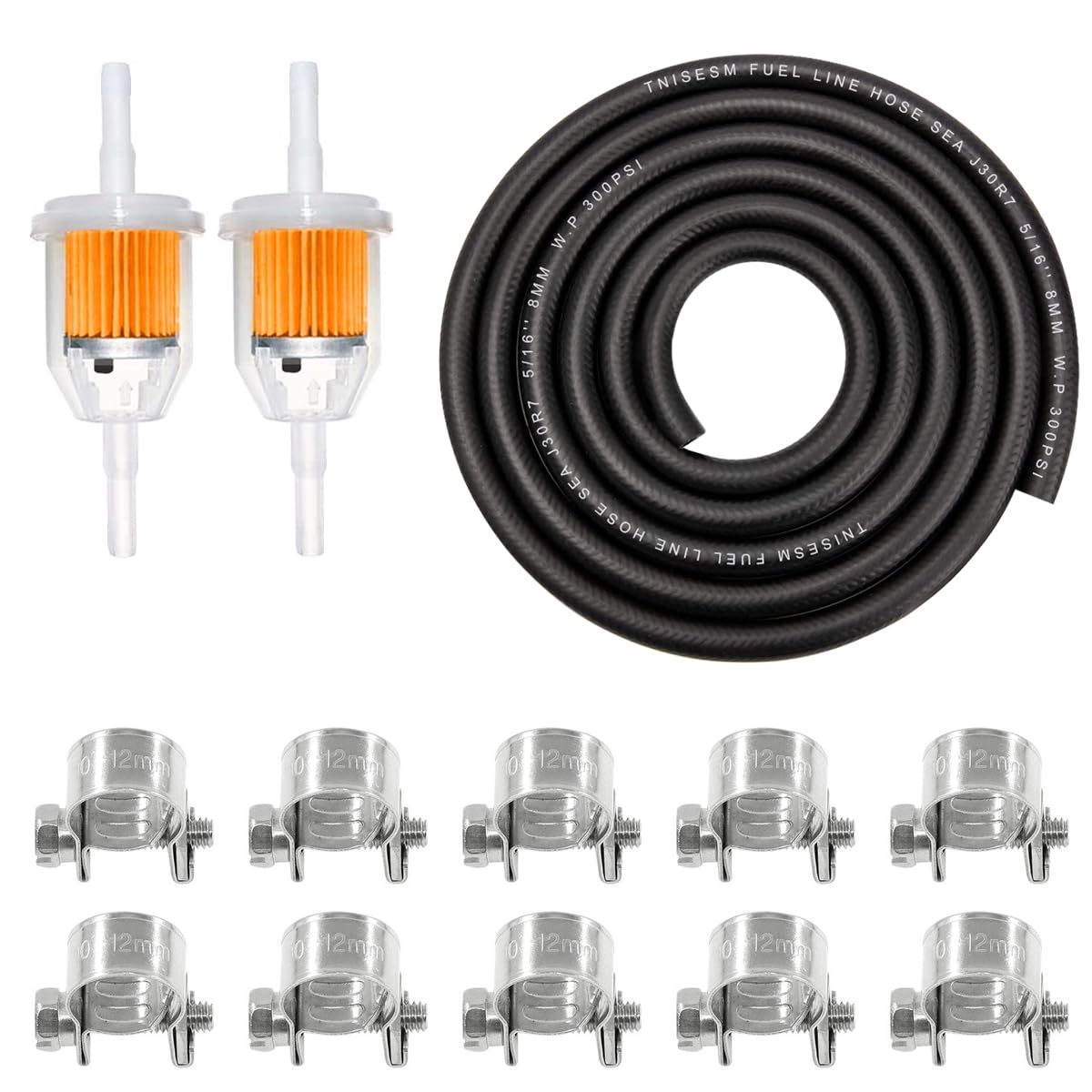 Tnisesm 5/16"(8MM) Inch ID Fuel Line Kits, 2 Meter / 6-Foot Fuel Line + 2Pcs 1/4 Inch X 5/16 Inch Gas Inline Fuel Filters with Magnet +10 Pcs 15/32''-9/16'' Mini Fuel Hose Clamps Adjustable