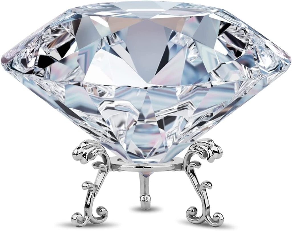MerryNine 80mm Large Crystal Diamond Paperweight, Clear Top K9 Crystal Diamond Decoration with Sliver Triangle Base, for Wedding, Store, Home, Office, Bar, Best Gift for Lover, Family Friends