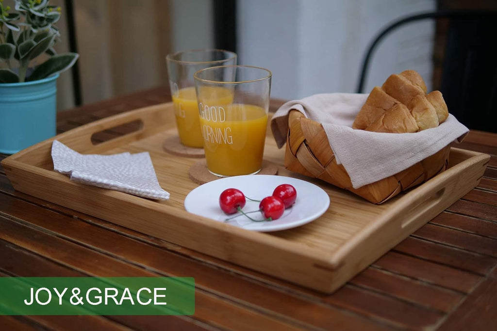Joy&Grace Bamboo Serving Tray with Handles, Dinner Food Tray for Bed Breakfast Eating and Serving, for Coffee Table Ottoman TV, Decorative Wood Large Charcuterie Platter 42.6 x 32.5 cm 1 Pack
