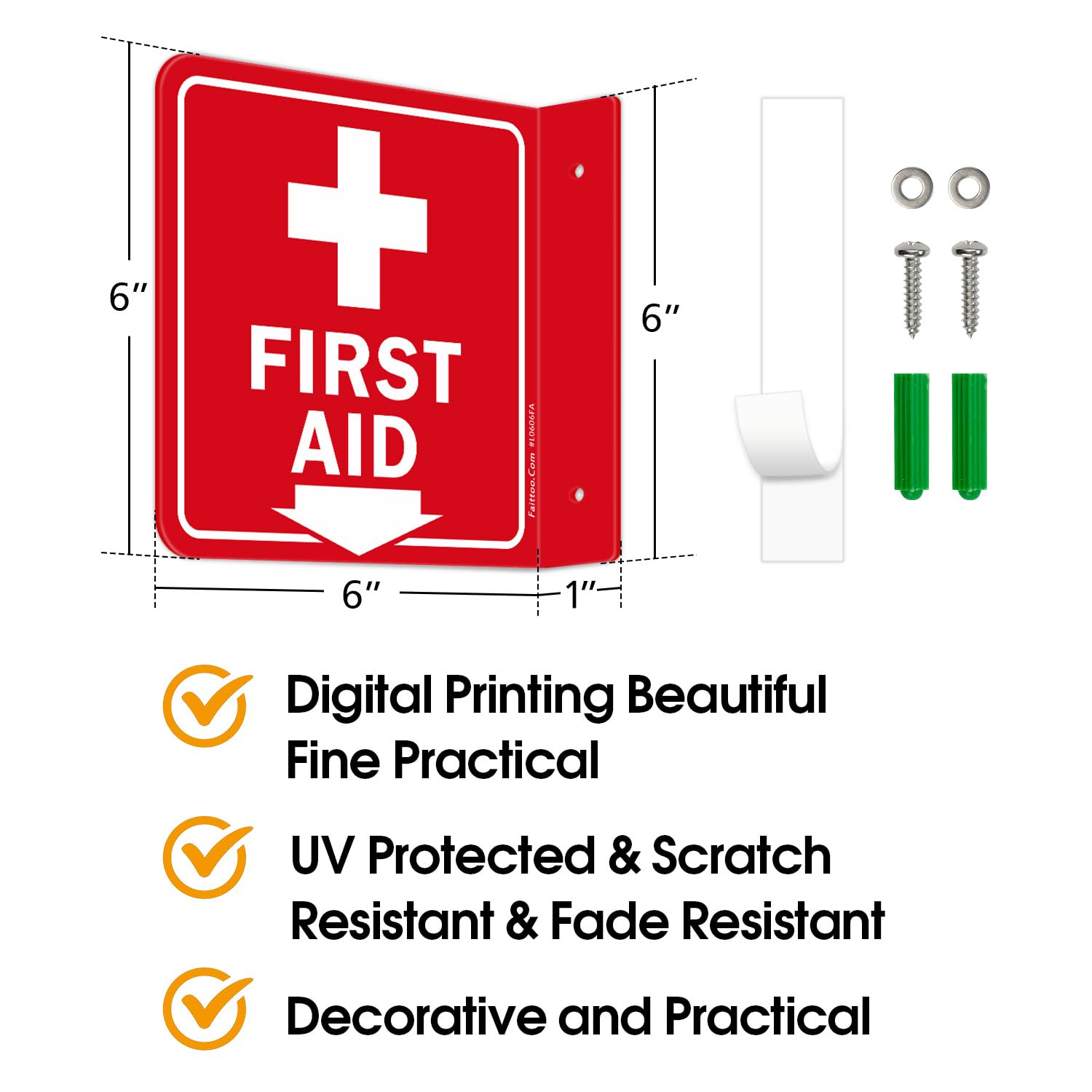 Faittoo First Aid Sign, 2 Pack First Aid with Cross Symbol - 6 x 6 Inches Acrylic Plastic, 2 Pre-Drilled Holes, Includes Matching Screws, Use for Home Office/Business