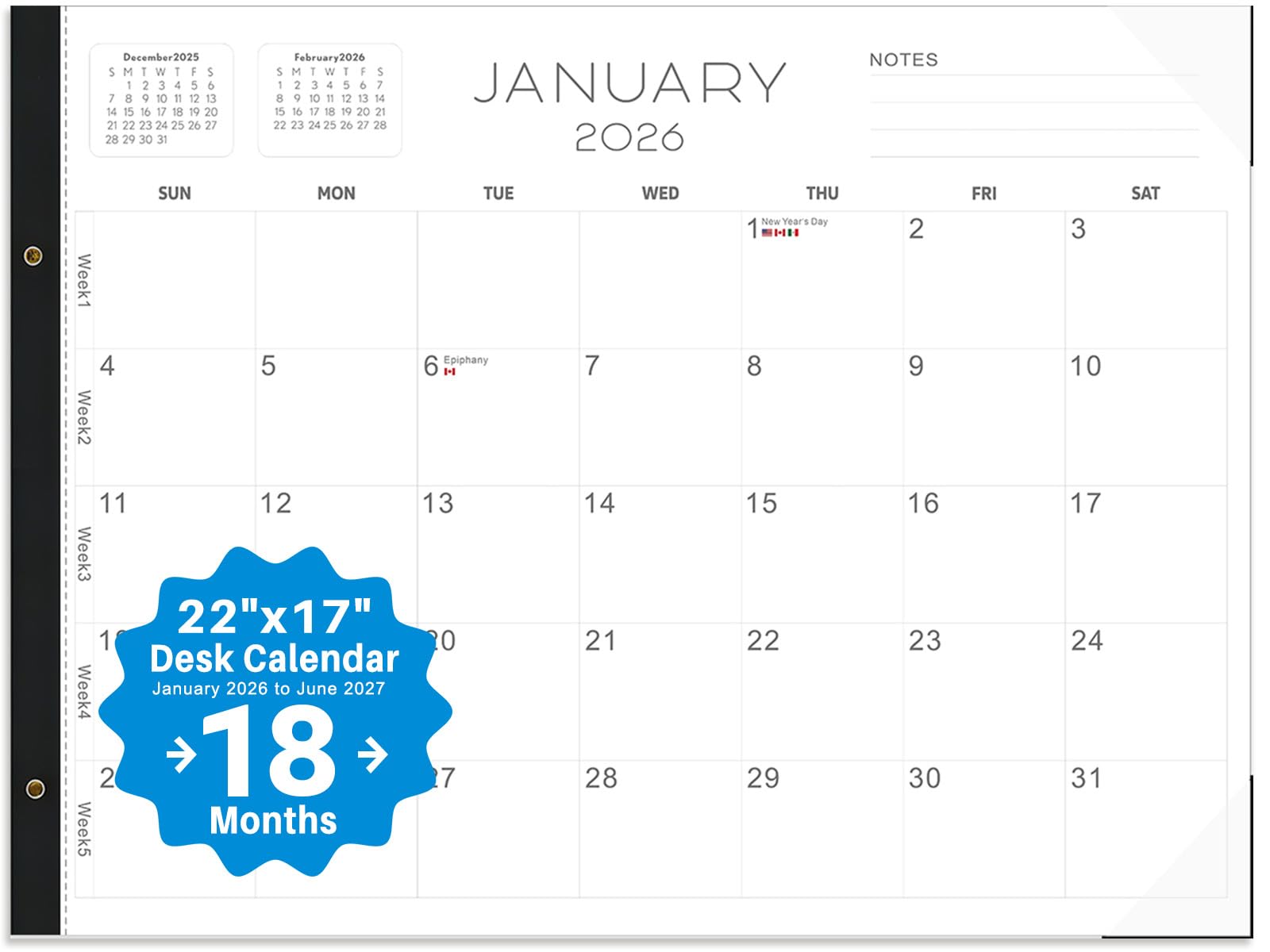 2026 Desk Calendar Large 22x17 – Desk Top Calendar 2026 with plastic cover