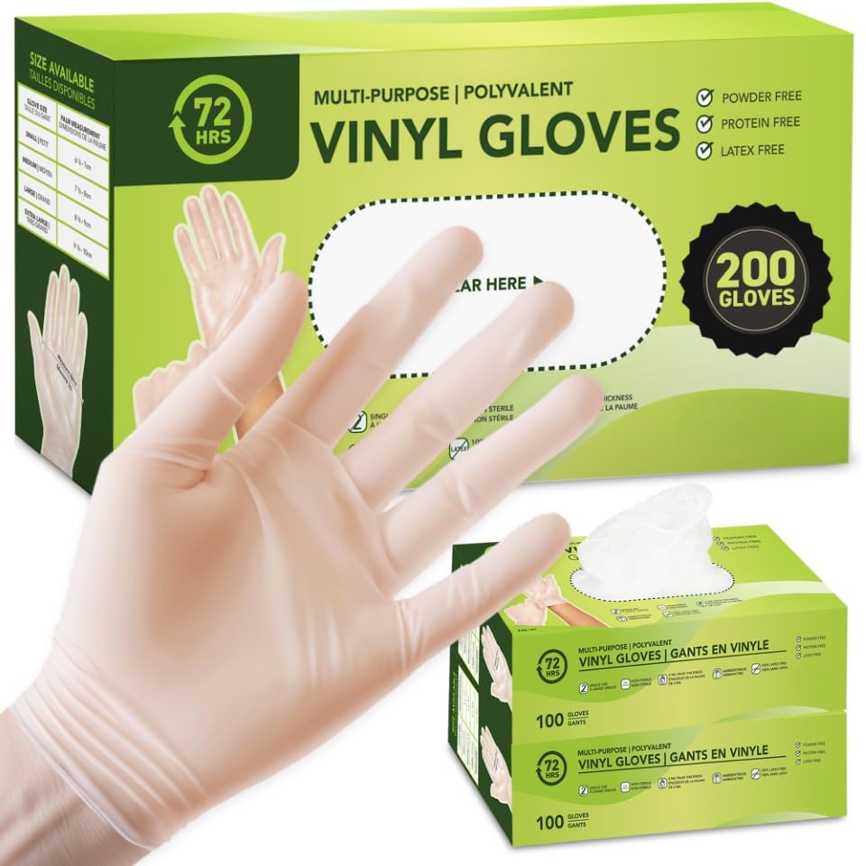 72HRS Vinyl Disposable All Purpose Clear Gloves – 4 mil, Latex Free and Power Free, Food Grade Multipurpose Gloves (200, Large)