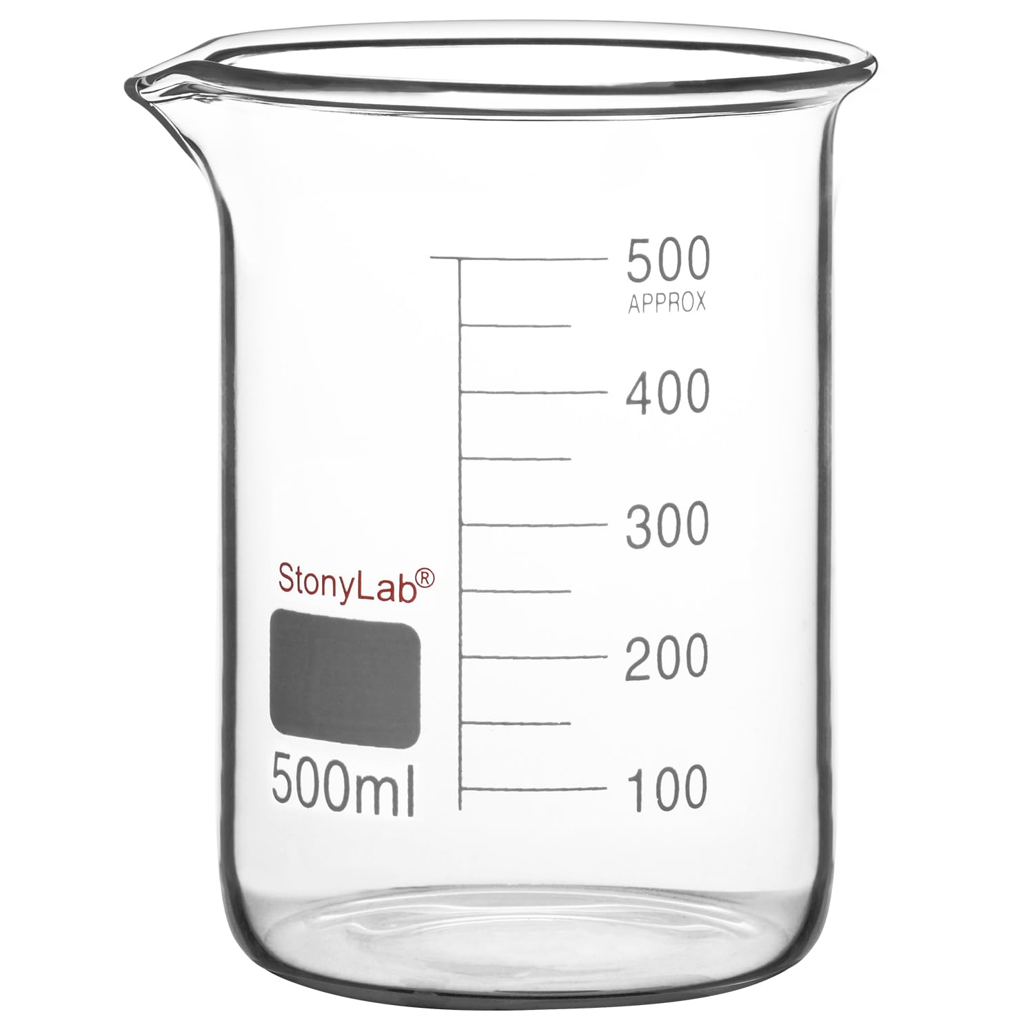 stonylab Glass Beaker, 1 Pack Borosilicate Glass Graduated Low Form Griffin Beaker with Pouring Spout Lab Beaker, 500 ml