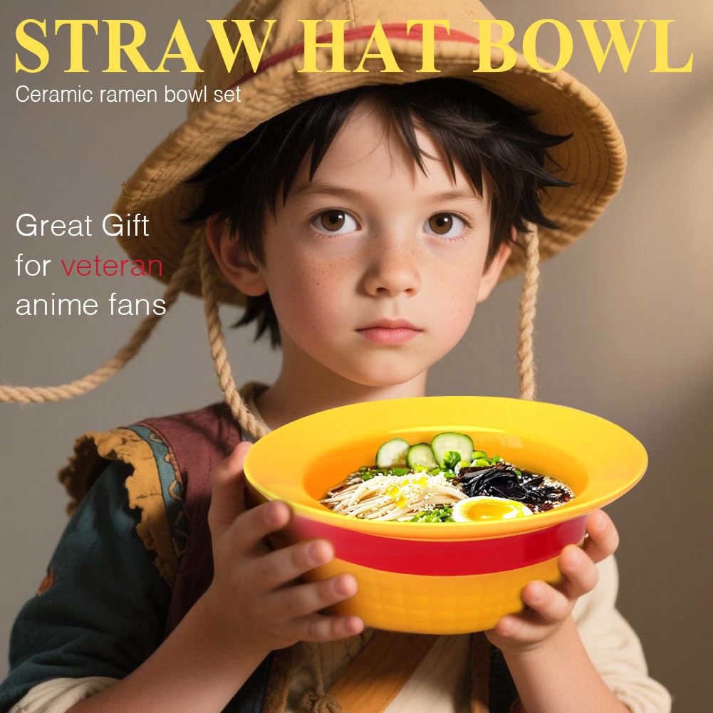 5-in-1 Gift Set - Straw Hat Shaped Ceramic Bowl with Stainless Steel Utensils - Novelty Ramen Bowl for Noodles, Salad, Cereal - Unique Japanese Style Bowl Decor Gift for Anime Lovers