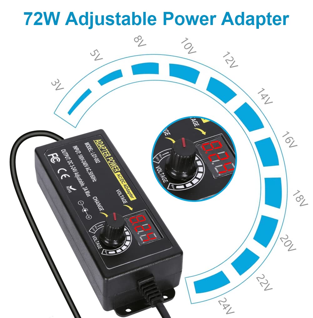 72W Power Supply Adjustable DC 3V ~ 24V Variable Universal Switching AC/DC Adapter 100V-240V AC to DC Converter with 14 Tips & Polarity Converter, for 3V to 24V Household Electronics - 3000mA
