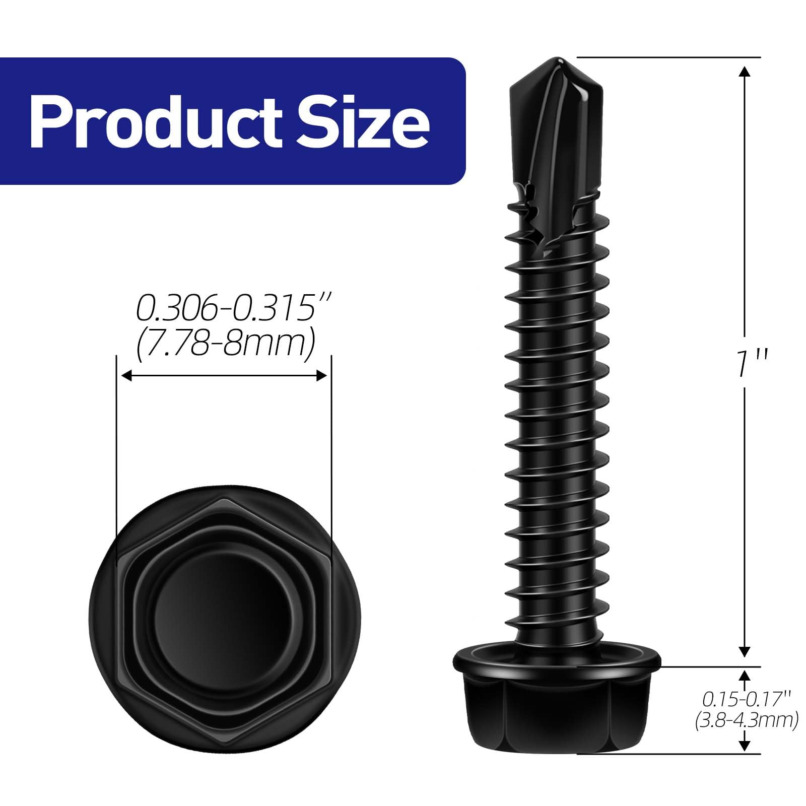 #10 x 1 Hex Washer Head Self Tapping Screws, TEK Screws, Self Drilling, Stainless Steel 410 Sheet Metal Screws, Black Finish, 100 PCS