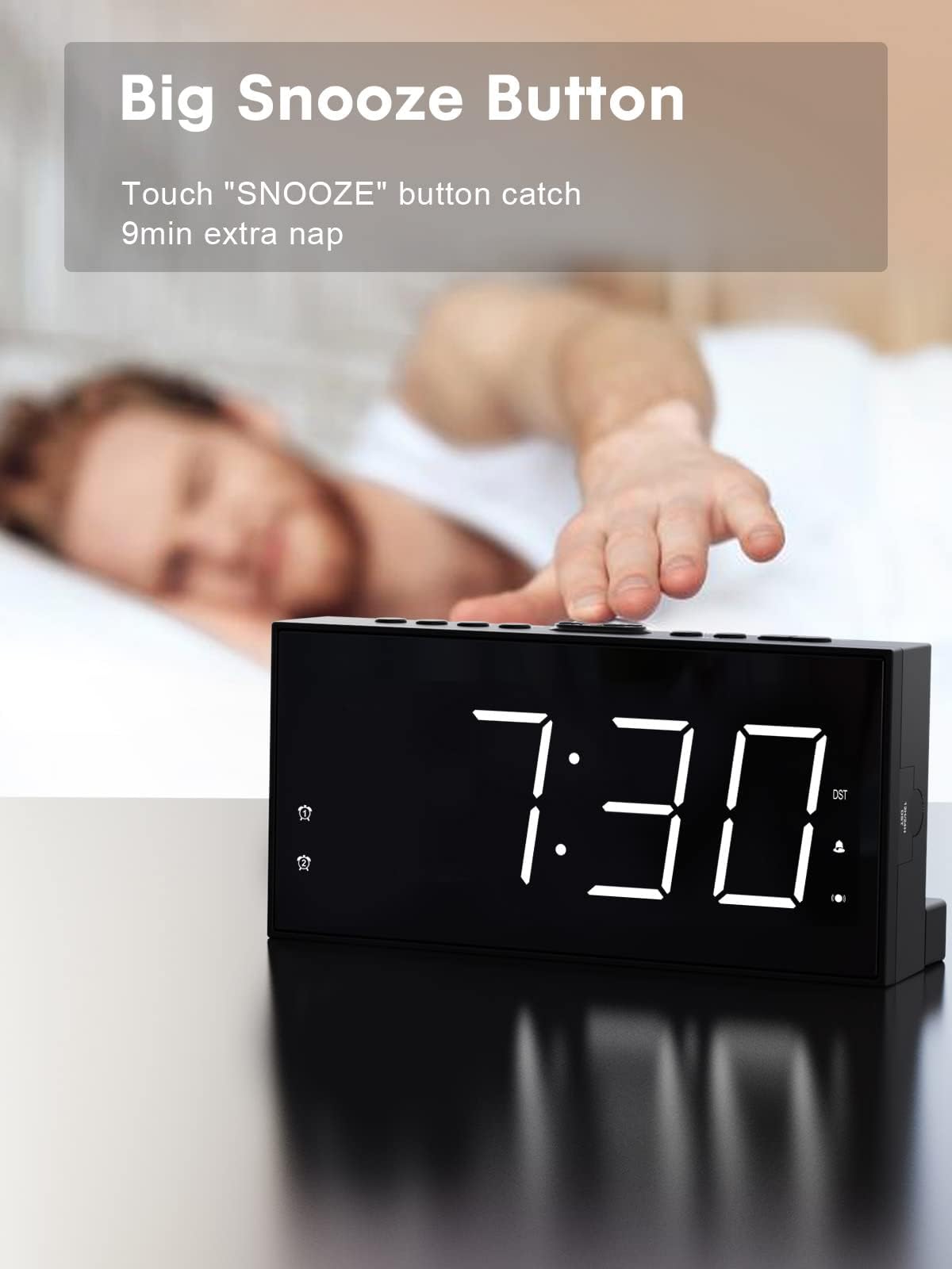 ROCAM Alarm Clock for Heavy Sleepers, Vibrating Alarm Clock with Bed Shaker Dual Alarms, 7.5" Large LED Display with 5 Brightness Dimmer, Alarm Clocks for Bedrooms, Deaf People