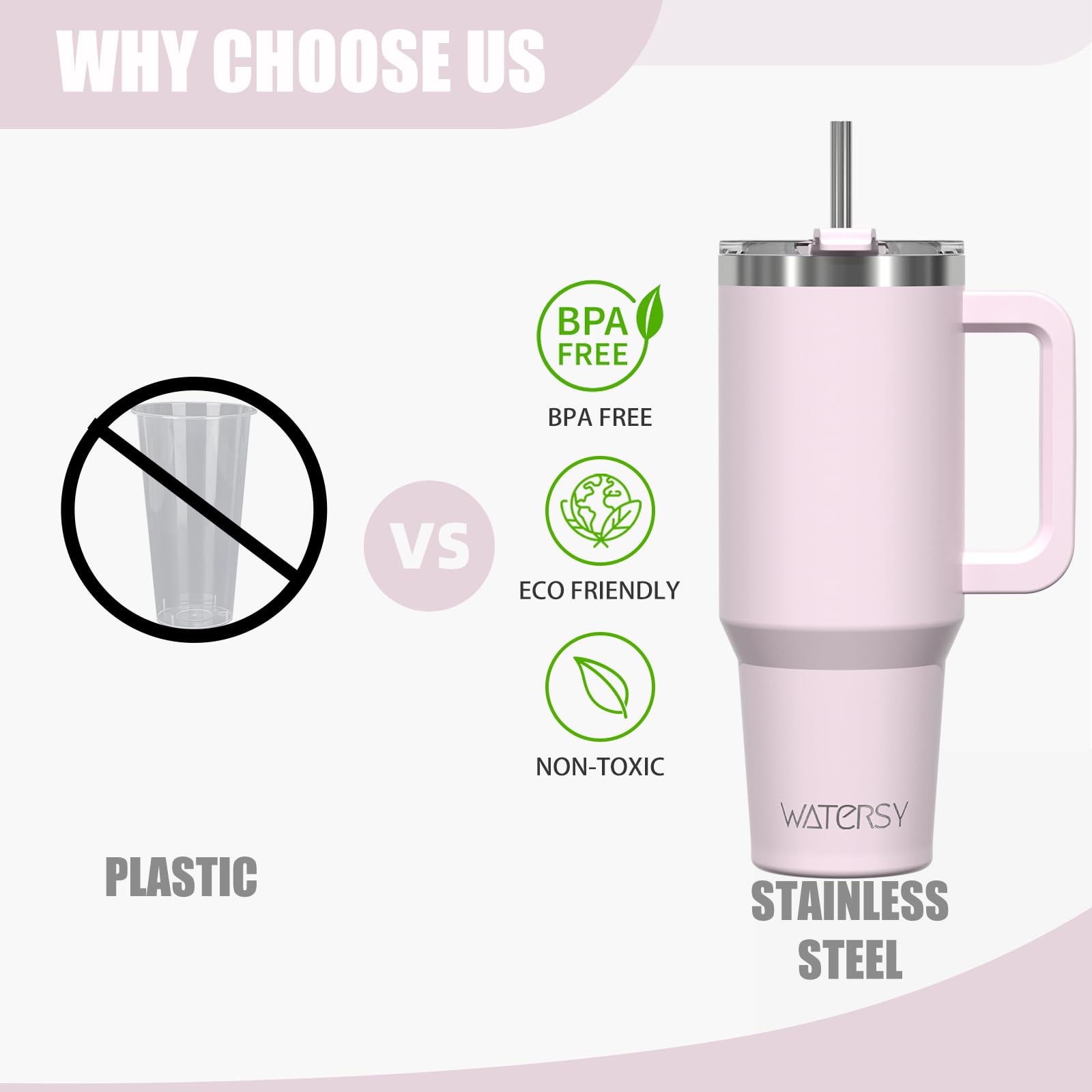 WATERSY 40 oz Tumbler with Handle,Tumbler with Lid and Straw,Double Wall Insulated Cup Stainless Steel Travel Mug(Cold for 34 Hours),Water Bottle for Iced Tea,Coffee,Cold Beverages(Rose Quartz)