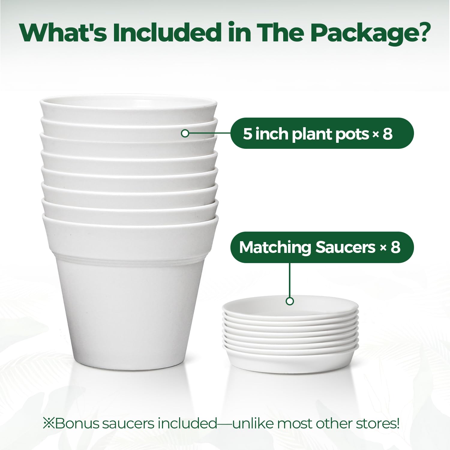 T4U 5 Inch Plant Pots 8 Pack, Plastic Planters with Drainage and Saucers, DIY Beginner Plant Kit for Indoor Gardening, Flower Pots for Repotting Pothos, Herbs and Spider Plants(White)