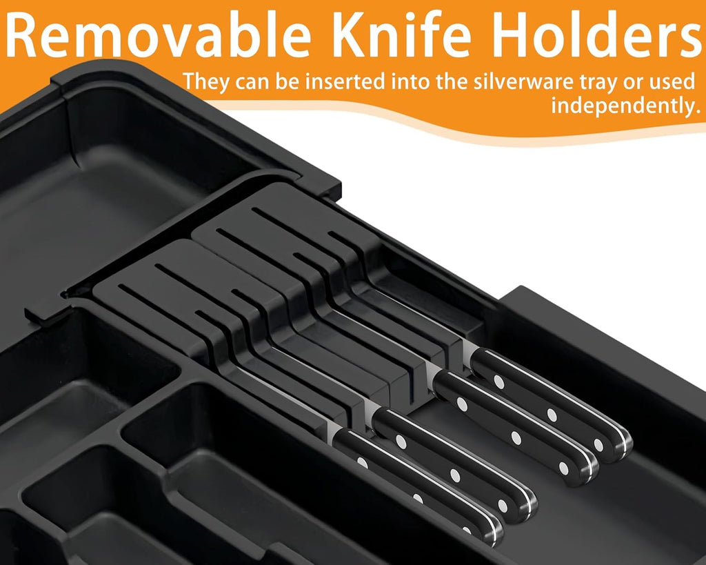 Oillase Silverware Organizer - Expandable Large Kitchen Drawer Organizer Utensil Organizer with 2 Removable Knife Blocks, 22"x 19"Cutlery Tray Drawer Dividers for Kitchen Flatware(6-9 Slots) (Black)