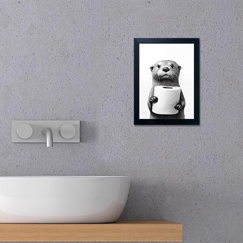 Bathroom Picture Wall Decor Black and White Framed Wall Art for Bathroom Toilet Paper in the Hand of a Little Funny Raccoon Canvas Print Painting