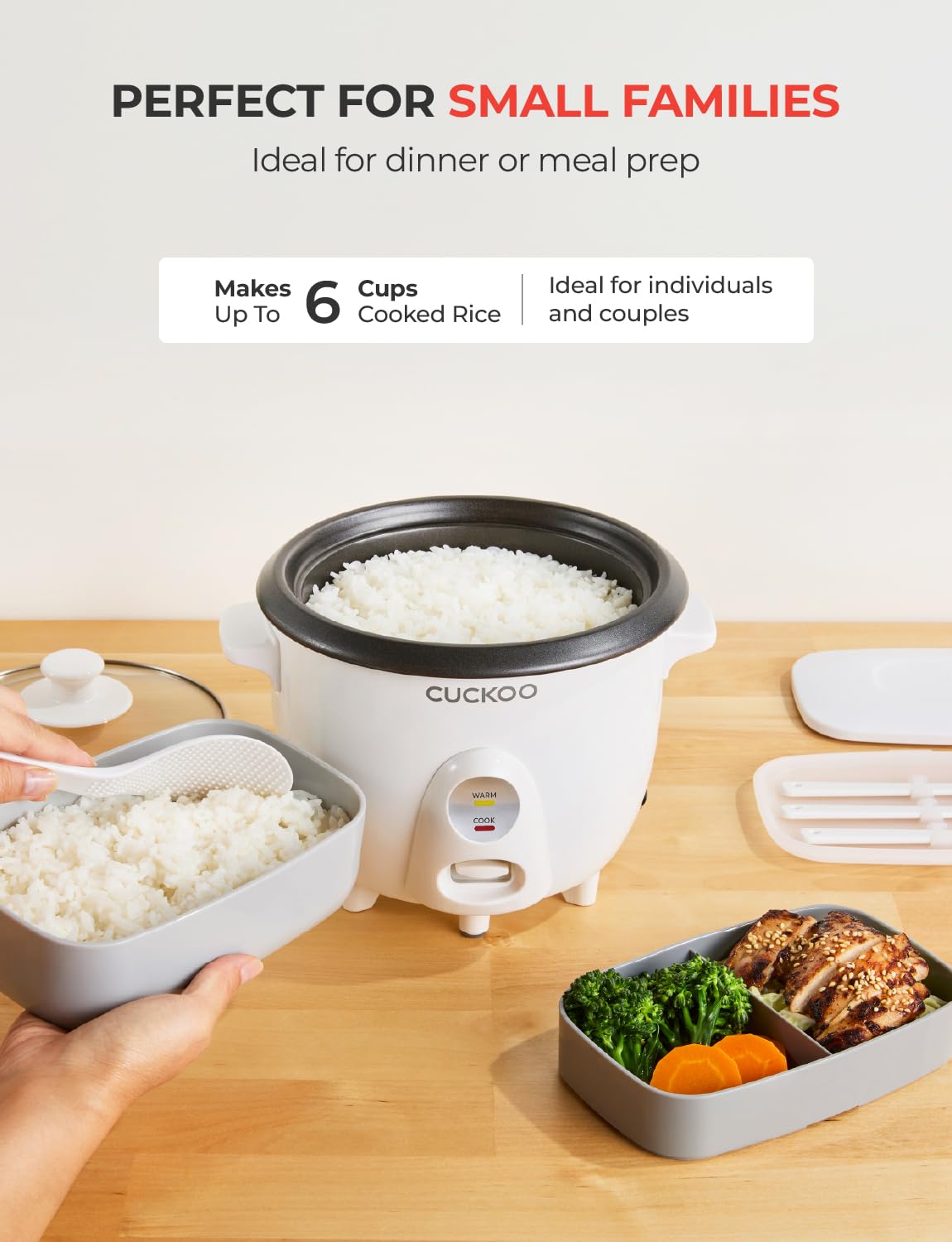 CUCKOO One Touch Rice Cooker 3-Cup (Uncooked) / 6-Cup (Cooked), Mini Rice Cooker & Warmer with Steamer Tray, Versatile Grain Cooker, Soup Maker, Auto Keep Warm, White (CR-0301C)