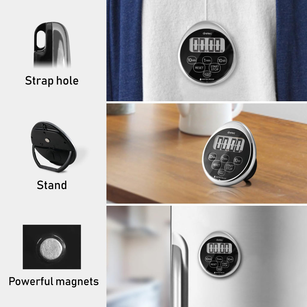 dretec Digital Kitchen Timer, Water Proof Timer, Shower Timer, Magnetic Backing, Silver, Black, Officially Tested in Japan (1 Starter Lithium Battery Included)
