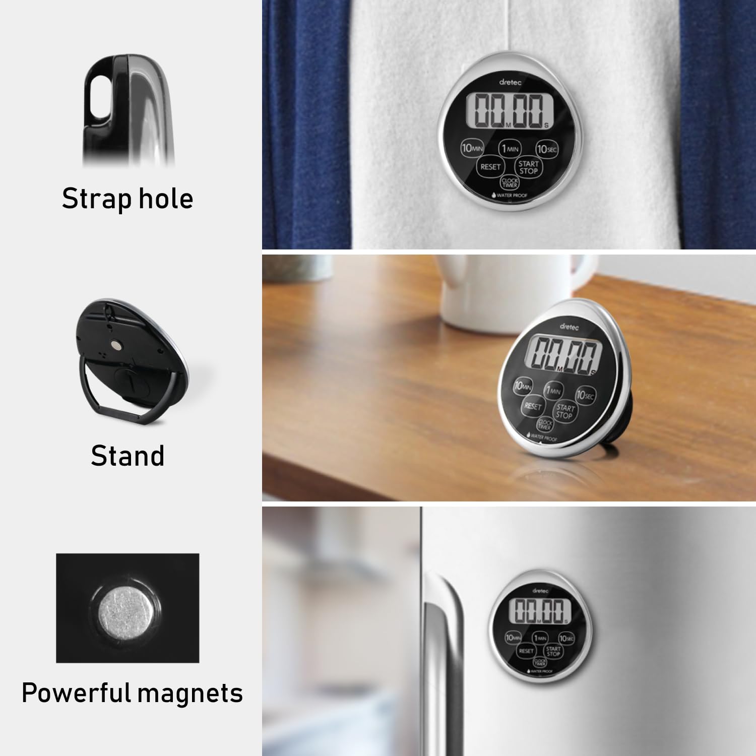 dretec Digital Kitchen Timer, Water Proof Timer, Shower Timer, Magnetic Backing, Silver, Black, Officially Tested in Japan (1 Starter Lithium Battery Included)