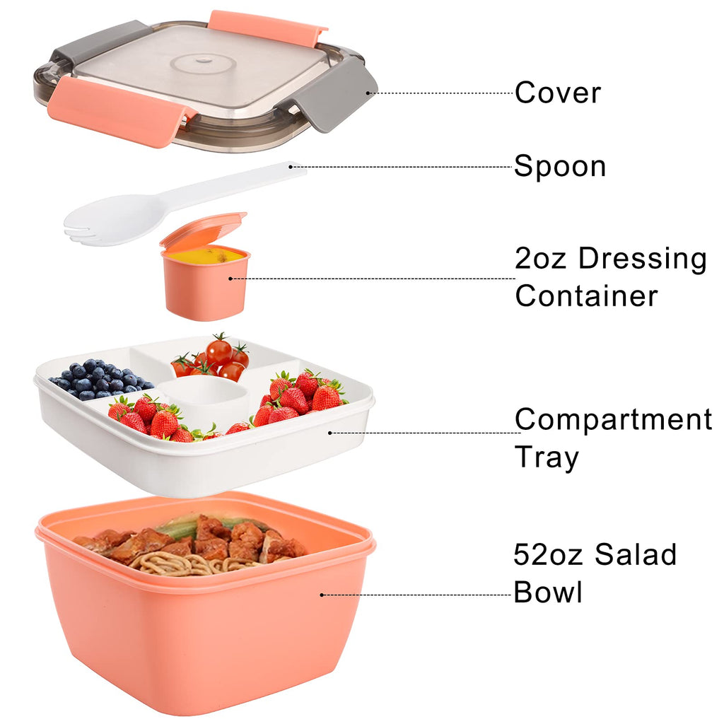 YOUEON 3 Pack Salad Lunch Container to Go with 3 Compartment Tray, 52 Oz Bento Lunch Box with Spoon, Dressing Cup, Portable Salad Container for Lunch, Salad Toppings, Snacks, Fruit, Three Colors