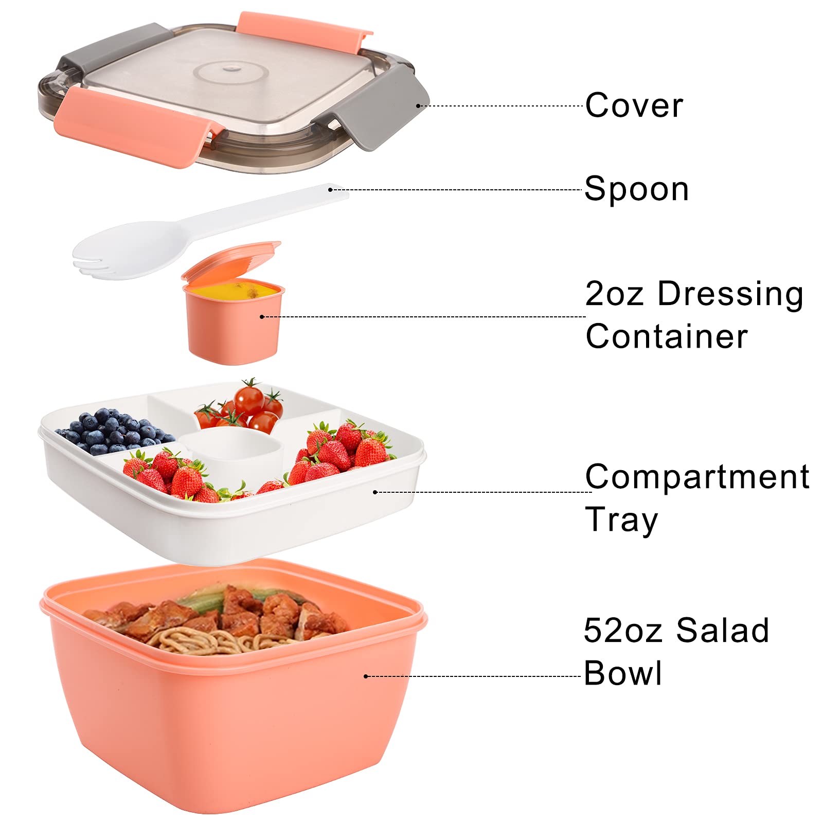 YOUEON 3 Pack Salad Lunch Container to Go with 3 Compartment Tray, 52 Oz Bento Lunch Box with Spoon, Dressing Cup, Portable Salad Container for Lunch, Salad Toppings, Snacks, Fruit, Three Colors