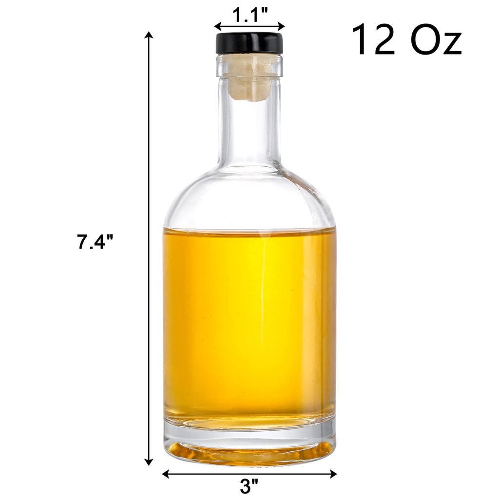 Hacaroa Set of 6 Glass Liquor Bottles with T-Top Caps, 12 Oz Clear Bordeaux Wine Bottles, Heavy Base Vodka Bottles Home Brewing Bottles for Kombucha, Beverages, Juice, Oils