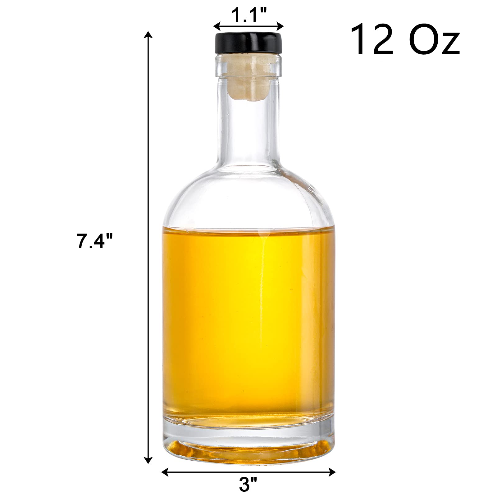 Hacaroa Set of 6 Glass Liquor Bottles with T-Top Caps, 12 Oz Clear Bordeaux Wine Bottles, Heavy Base Vodka Bottles Home Brewing Bottles for Kombucha, Beverages, Juice, Oils
