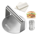 ONEDONE Burger Press Stainless Steel Smash Burger Press 5.5 inch for Griddle w/Seasoning Shaker & 100 Patty Paper, Burger Iron Grill Press Griddle Accessories Kit Griddle Cooking