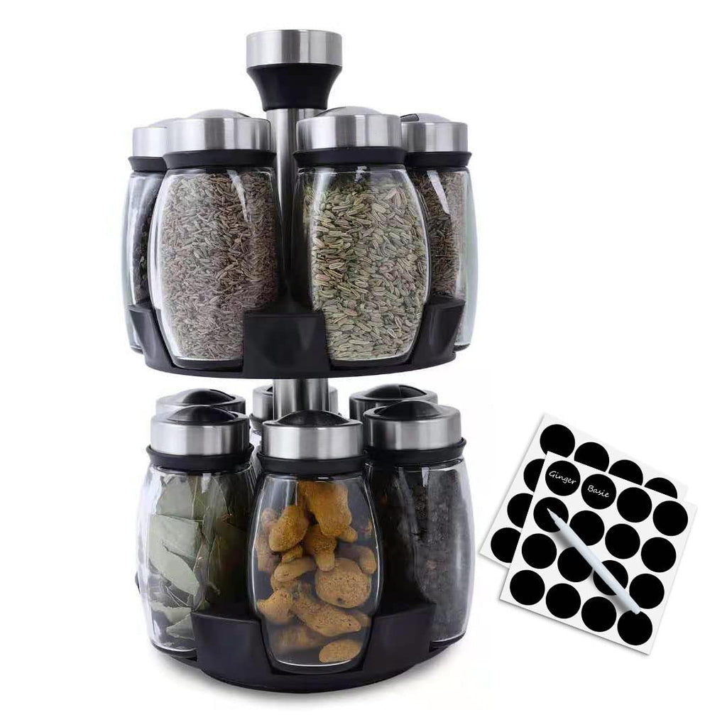 Handisen Revolving Spice Rack Organizer Storage for kitchen, Spice Stand Holder, Spinning Countertop Herb and Spice Rack Organizer with 12 Glass Jar Bottles Set