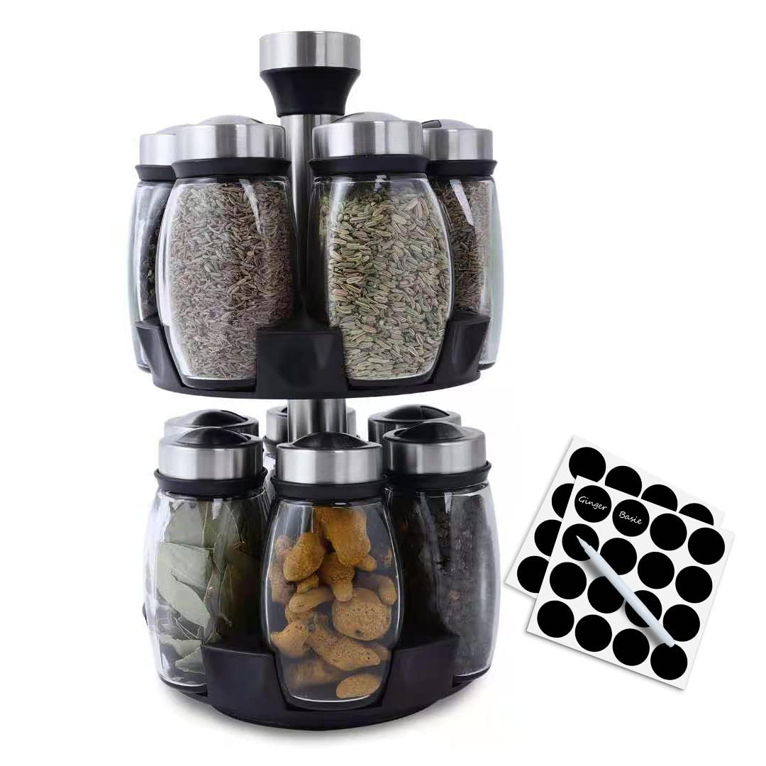 Handisen Revolving Spice Rack Organizer Storage for kitchen, Spice Stand Holder, Spinning Countertop Herb and Spice Rack Organizer with 12 Glass Jar Bottles Set