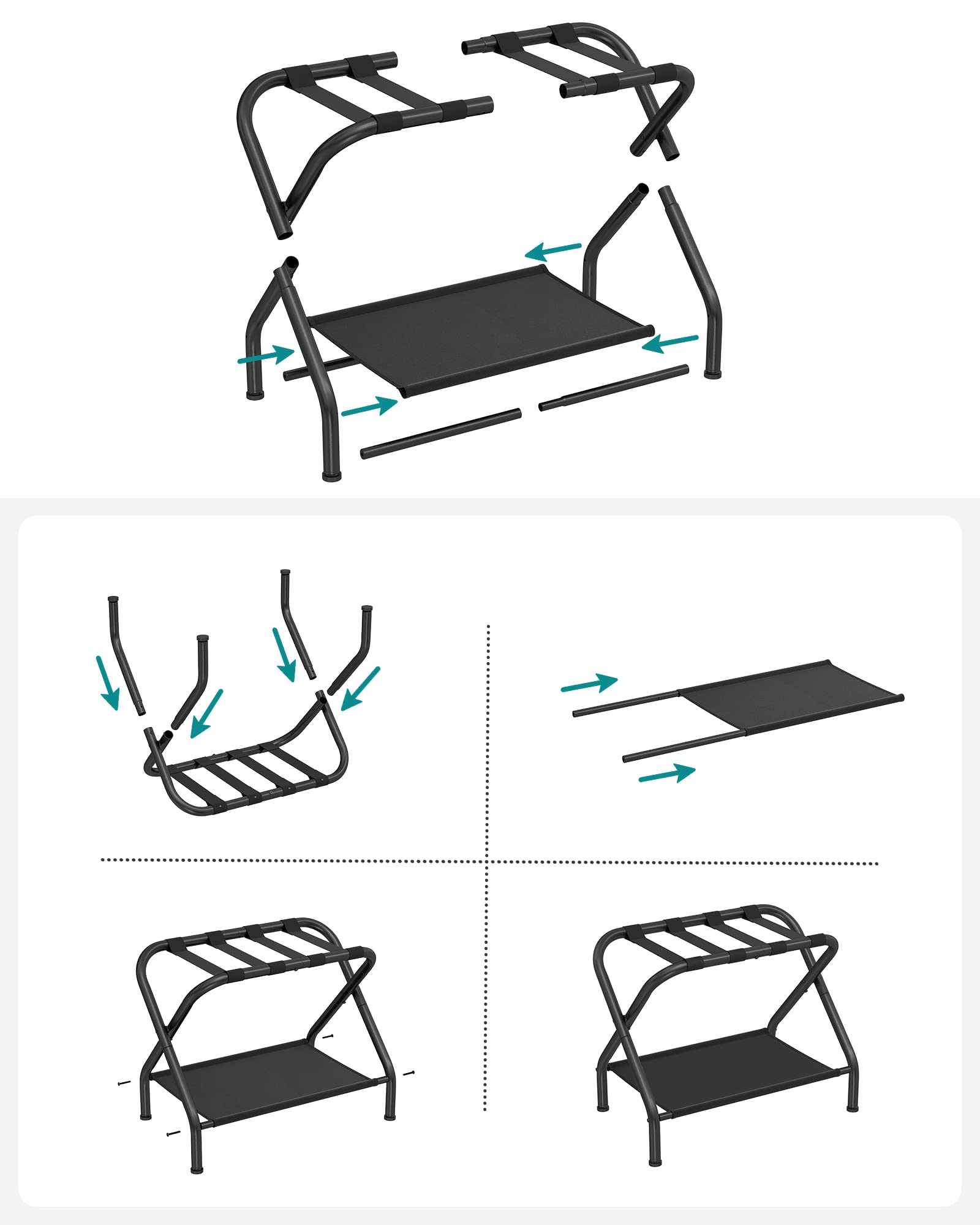 SONGMICS Luggage Rack, Suitcase Stand with Fabric Storage Shelf, for Guest Room, Bedroom, Hotel, Foldable, Holds up to 50 kg, 69 x 38 x 52 cm, Black URLR002B01V1