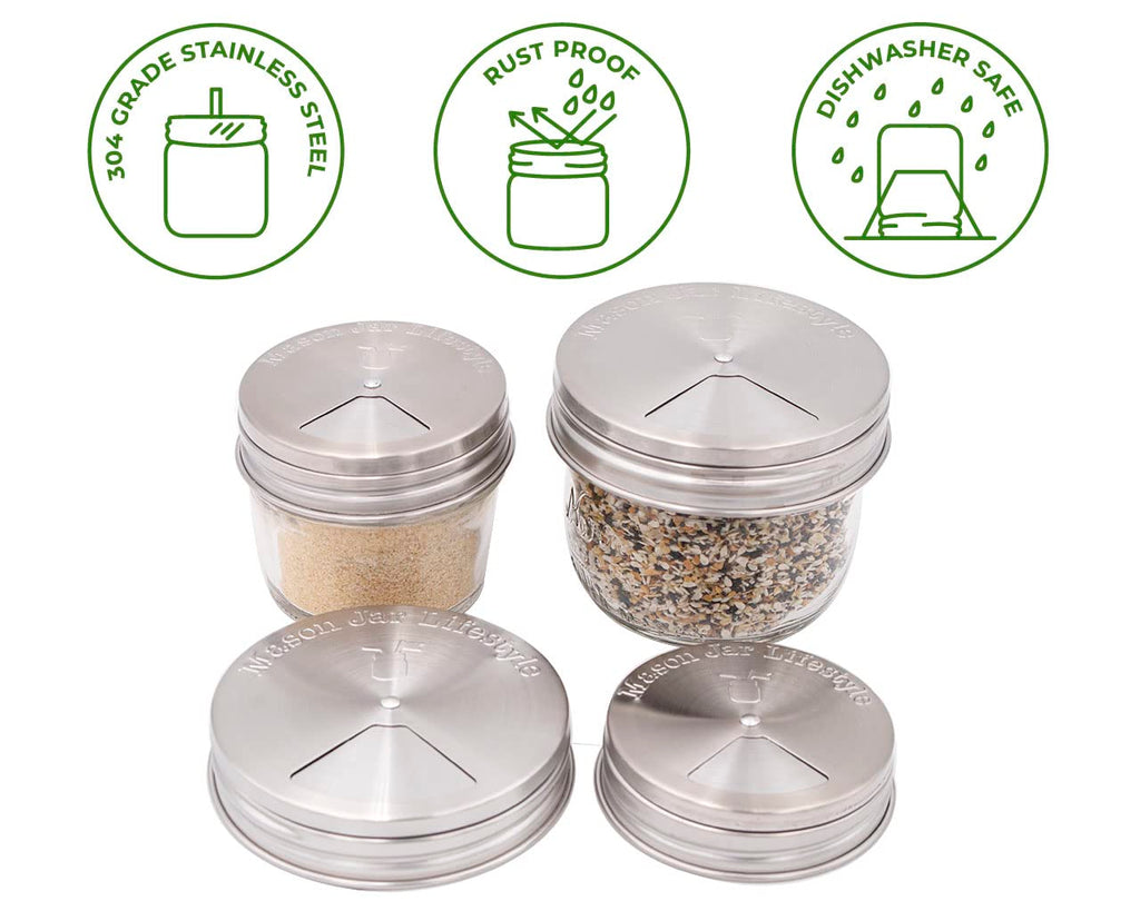 Mason Jar Lifestyle Adjustable Spice Shaker Lids for Regular Mouth Mason Jars – 4 Pack Stainless Steel Tops with Shaker and Pour Options – Seasoning Dispenser Lids