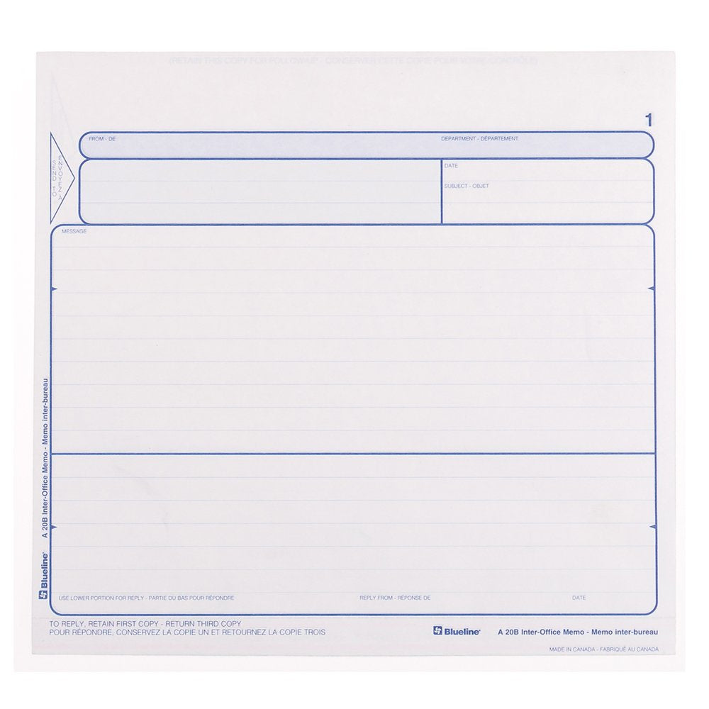 Blueline Inter-Office Memos in Snap Sets 250 Carbonless Triplicates Bilingual 8-1/2-Inchx8-Inch (A20B)