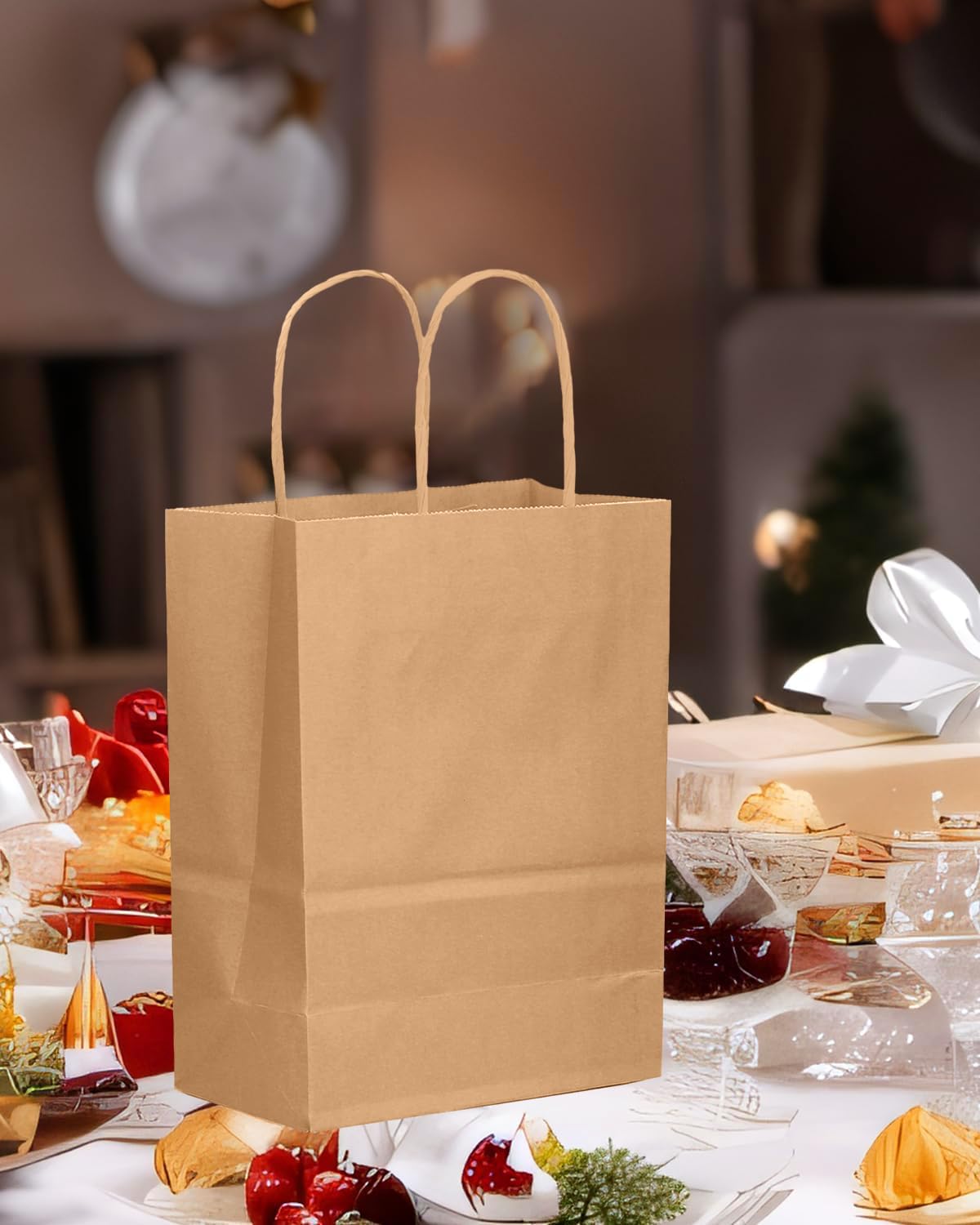 qiqee 50-Packs Brown Paper Gift Bags with Handles Bulk 11"x5"x8" Medium Size Paper Bags Multiple Uses(27x20x12cm,Medium Size)