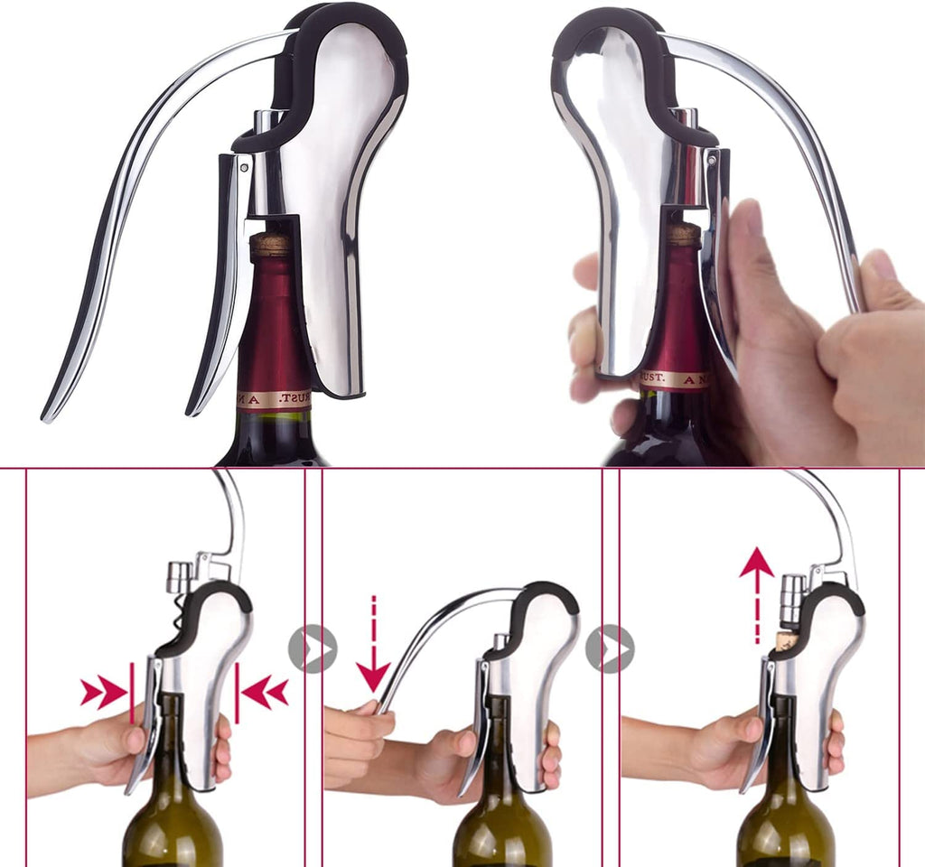 KAYCROWN Stainless Steel Wine Bottle Opener, Vertical Lever Corkscrew with Built in Foil Cutter, Manual Handheld Corkscrew with Ergonomic Lever Pump