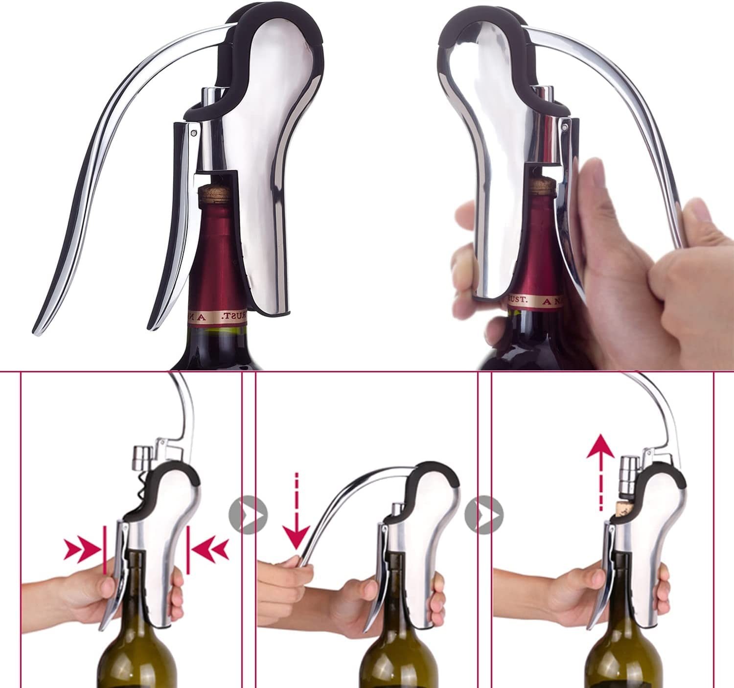 KAYCROWN Stainless Steel Wine Bottle Opener, Vertical Lever Corkscrew with Built in Foil Cutter, Manual Handheld Corkscrew with Ergonomic Lever Pump
