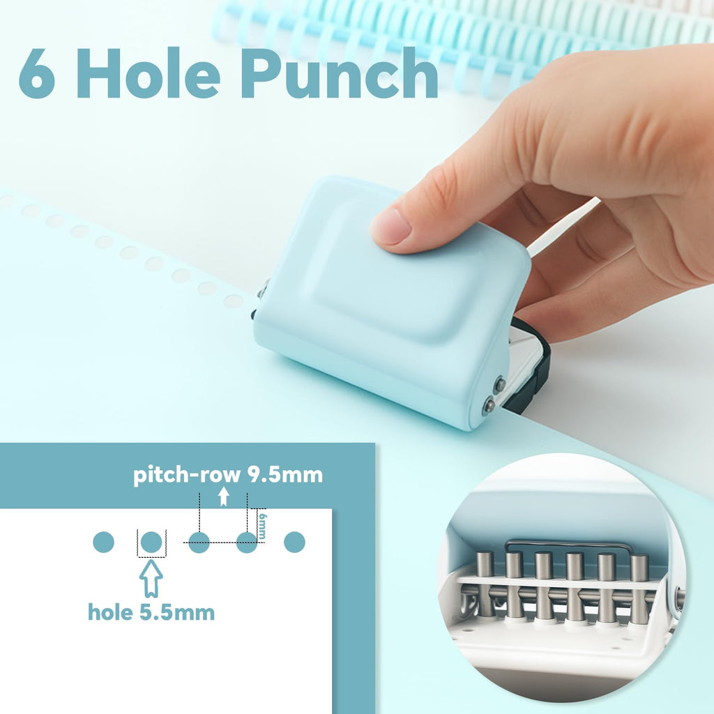 Spiral Binding Machine-Mini 6 Hole Puncher, DIY Creative Book Binder Machine for Planner, A4-30 Holes, A5-20 Holes, B5 26 Hole with 16 PCS 6-Hole Loose Leaf - Blue