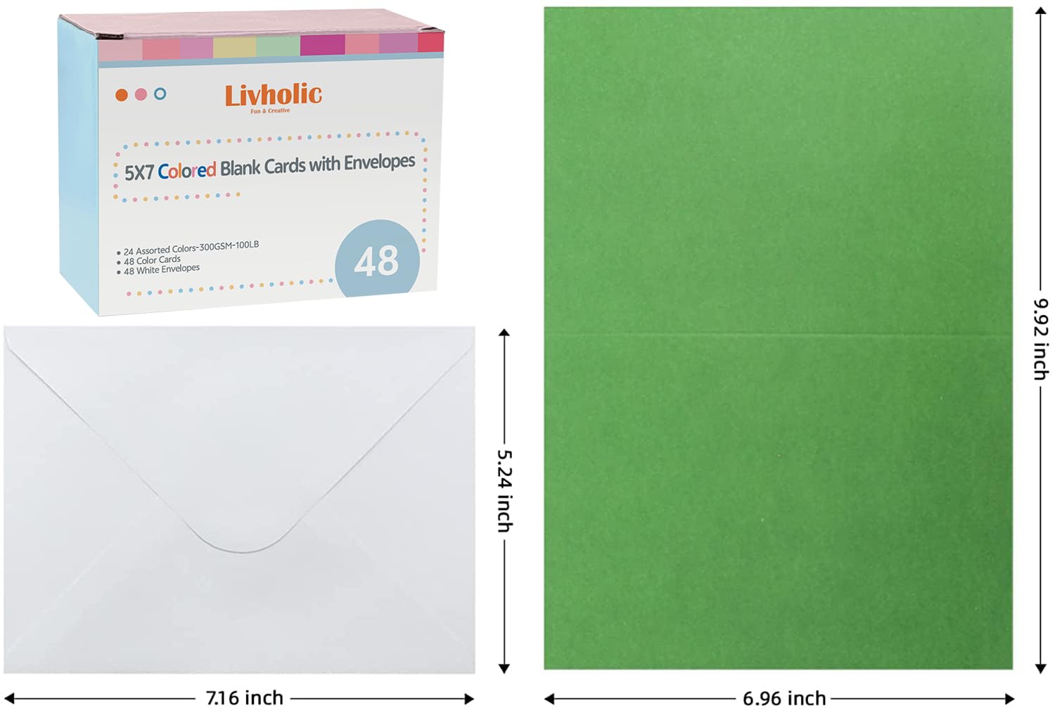 48 Pack Blank Folded Cards and Envelopes Colored Cards White Envelopes 5 x 7 Inch Colorful Greeting Cards 24 Assorted Colors Heavy Weight for Greeting,Invitation,Card Making