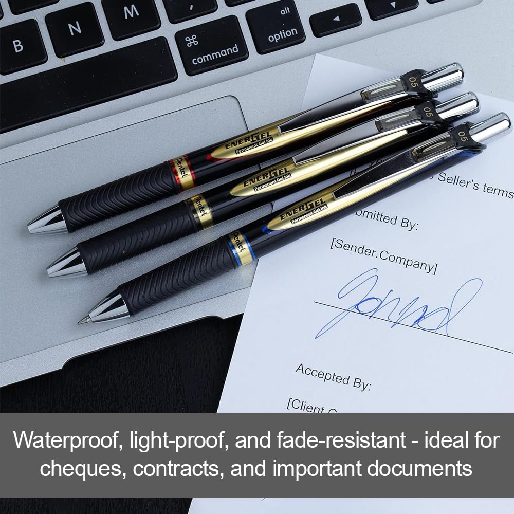 Pentel EnerGel Permanent Retractable Liquid Gel Rollerball Pen, Archival Quality, Water Resistant Ink, For Signing Important Documents, 0.5mm Fine Point, Blue Ink, BLP75-C, Box of 12