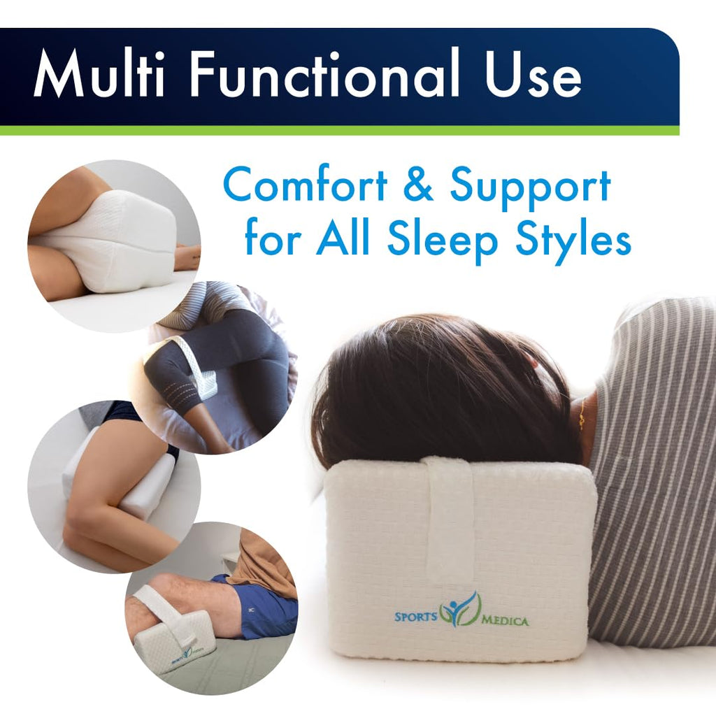 Sports Medica Doctor Developed Ergonomic Knee Pillow for Side Sleepers - eHandbook Included - Memory Foam Spine Alignment Leg Pillow for Sleeping on Side - Hip & Leg Elevation Pillow