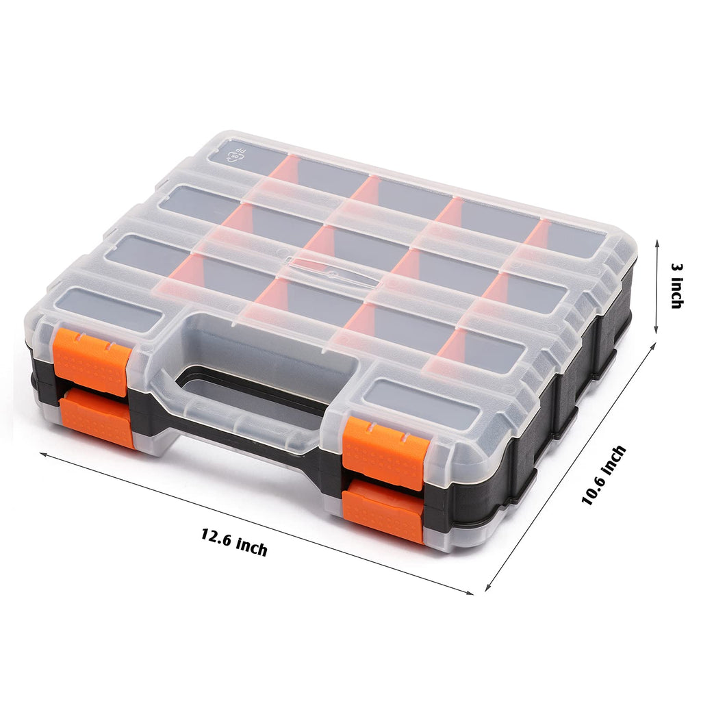 Makitoyo Double Side Tools Organizer, Customizable Removable Plastic Dividers, Hardware Box Storage, Excellent for Screws,Nuts,Small Parts, 34-Compartment, Black/Orange