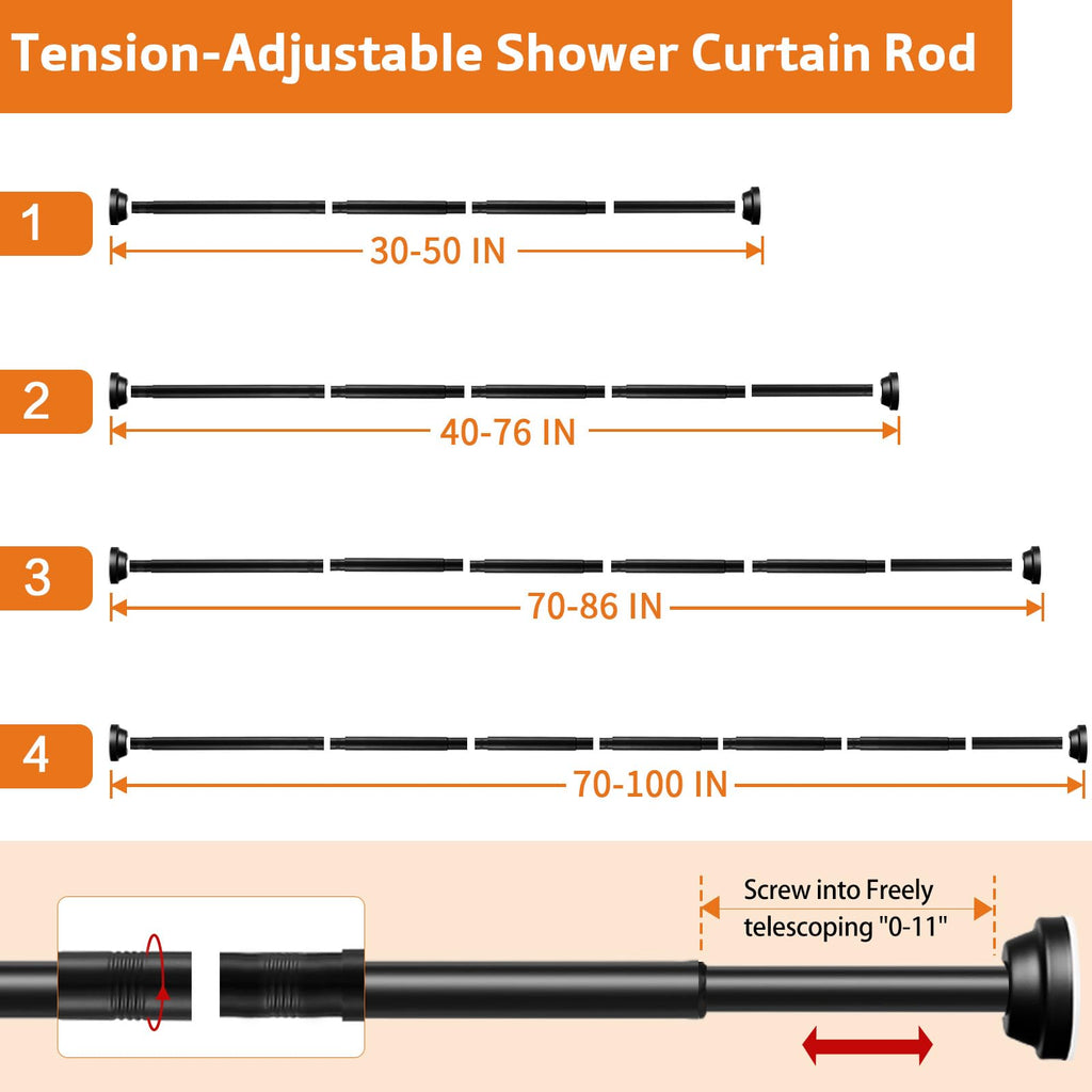 Haryaers Matte Black Shower Curtain Rod, 40-76 Inches No Drilling Adjustable Tension Curtain Rods for Bathroom, Stainless Steel Metal Spring, 1 Inch Diameter, Anti-Slip, No Rust