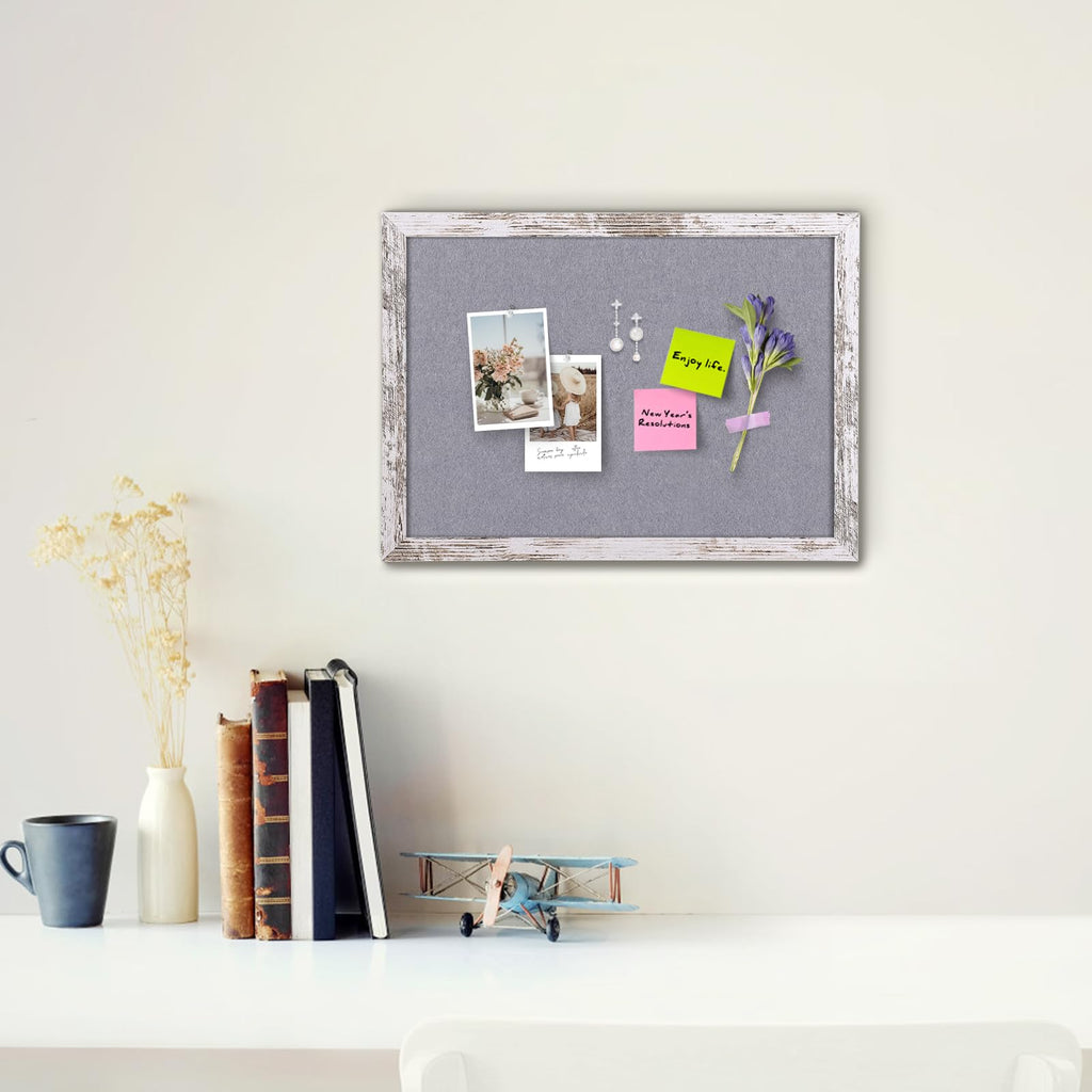 Aitakatta Gray Felt Cork Board Bulletin Board, Decorative Hanging Cork Boards for Walls with White Rustic Wood Frame, Pin Board Vision Board for Office Home and School with Pins, Screws (4333,WH,1pc)