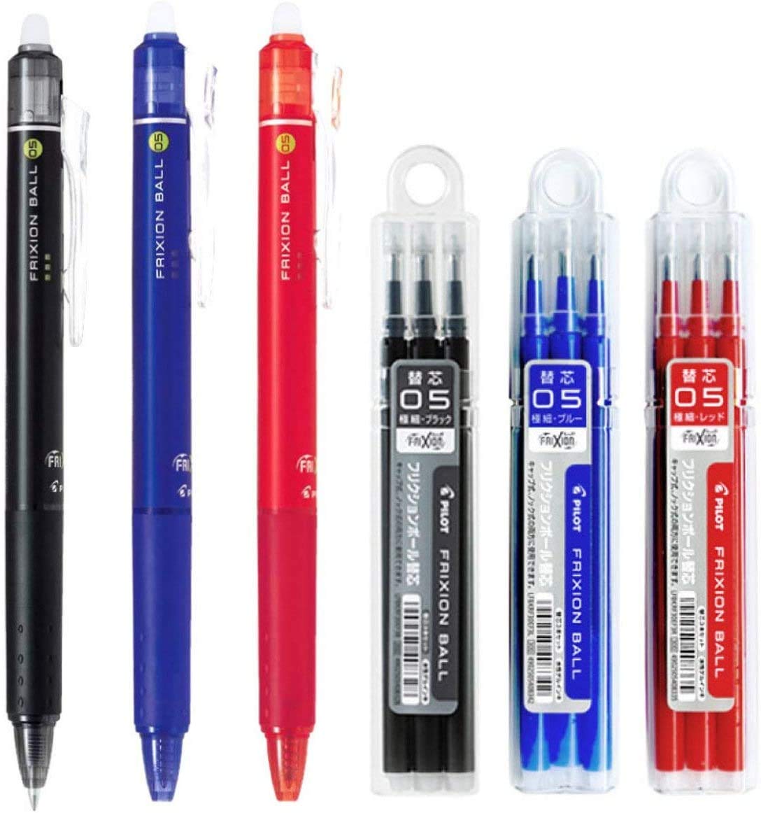 Pilot FriXion Ball Knock Retractable Erasable Gel Ink Pens, Extra Fine Point 0.5mm, Black/Blue/Red Ink, 3 Pens & 9 Refills Value Set
