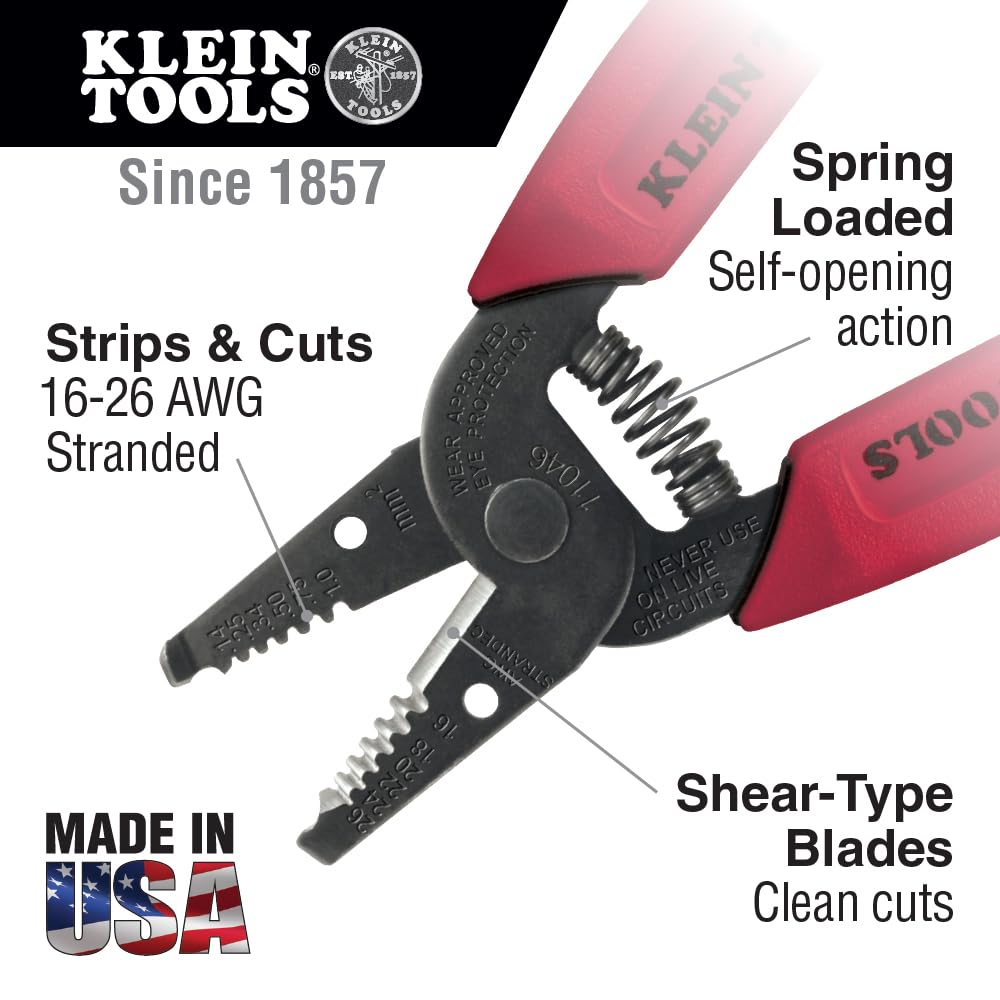 Klein Tools 11046 Wire Stripper, Wire Cutter, Stripping/Cutting Tool for 16-26 AWG Stranded, Compact Nose with Precision-Ground Stripping Holes