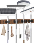 Broom Holder Wall Mounted, 4 Holders and 4 Hooks Mop Holder, Wooden Mop and Broom Holder with Anti slip rubber, Natural pine wood Brush Holder, Mop Wall Holde with Nail installation, Room Storage