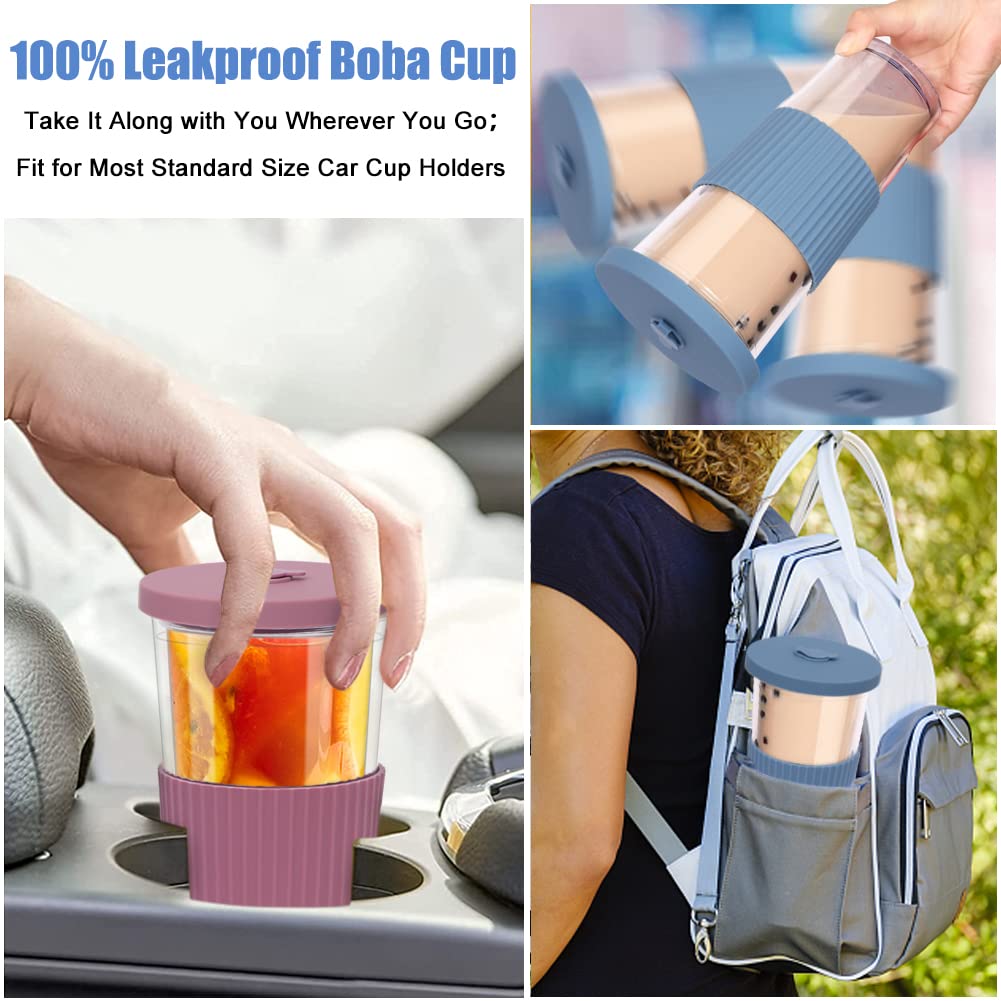 UHAPEER 2 Pack Reusable Boba Tea Cups, 24oz Iced Coffee Cup with Straw and Lid, Leakproof Clear Plastic Cups Tumbler, Double Wall Insulated Smoothie Tumbler, Wide Straw for Bubble Tea, Pink and Bule