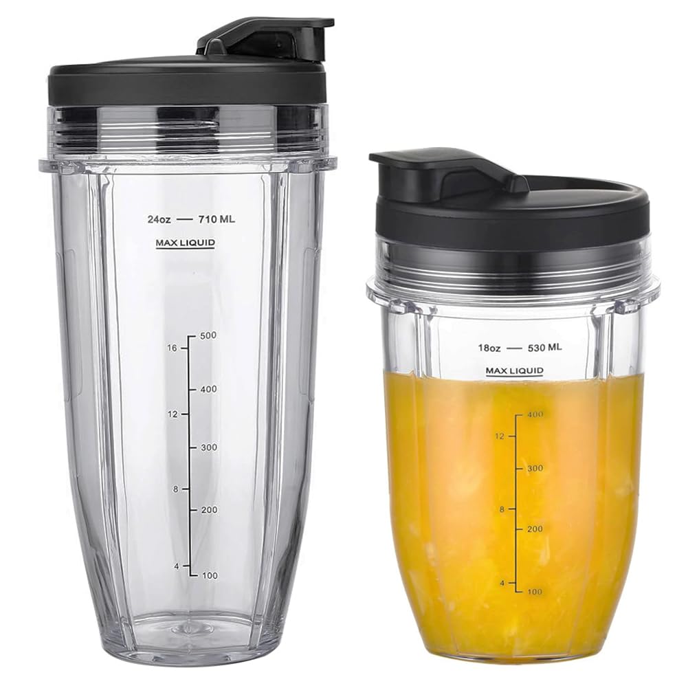 2-Pack Cup Replacement Parts with Lid for Ninja Blender Auto-iQ BL450C BL451C BL481C BN751C BN750C BN801 BN801C BN400C Nutri Ninja Food Processor SS101C SS150C SS151C SS351C,18oz & 24oz Smoothie Cups