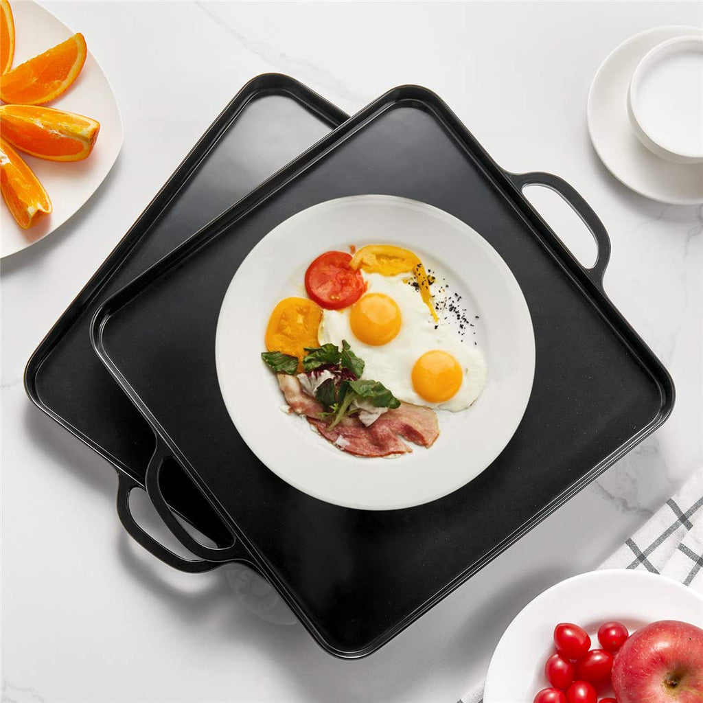 HSDT Black Melamine Serving Tray with Handles 15.3"x12.6" Square Flat Spillproof Tray Set of 2