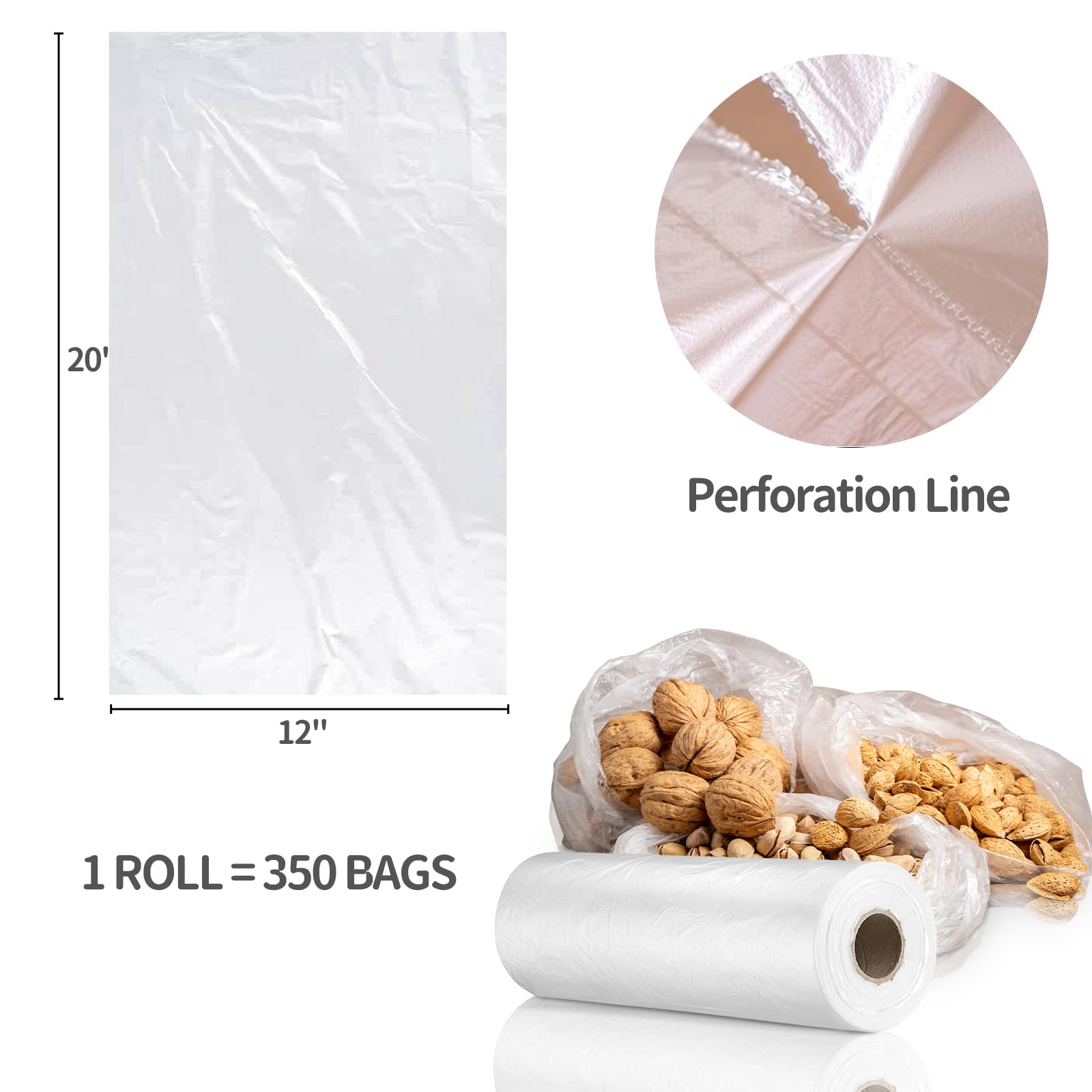 PAPRMA 12” x 20” Plastic Produce Bags 1 Roll, Clear Food Storage Bags 350pcs on a Roll, Clear Produce Bags for Food Vegetable Bread Fruit Meat