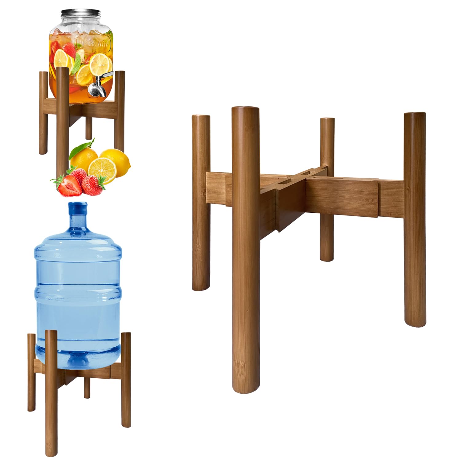 MinBoo Adjustable Drink Dispenser Holder (6-11 Inch), Walnut Bamboo Stand for Water Dispenser, Jug, Jar, Filter Bottle, Cooler, etc.