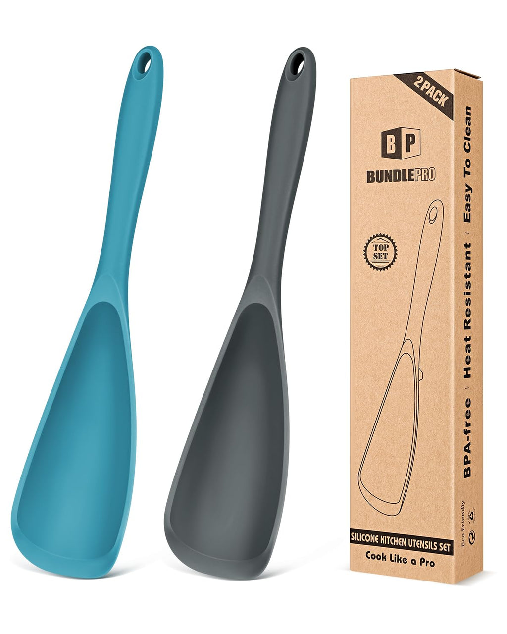 Pack of 2 Cooking Spoons for Non Stick Cookware, Multifunction Spatula Spoon BPA-Free, One-Piece Design, Suitable for Scooping, Scraping, Serving and Mixing (Gray-Blue)