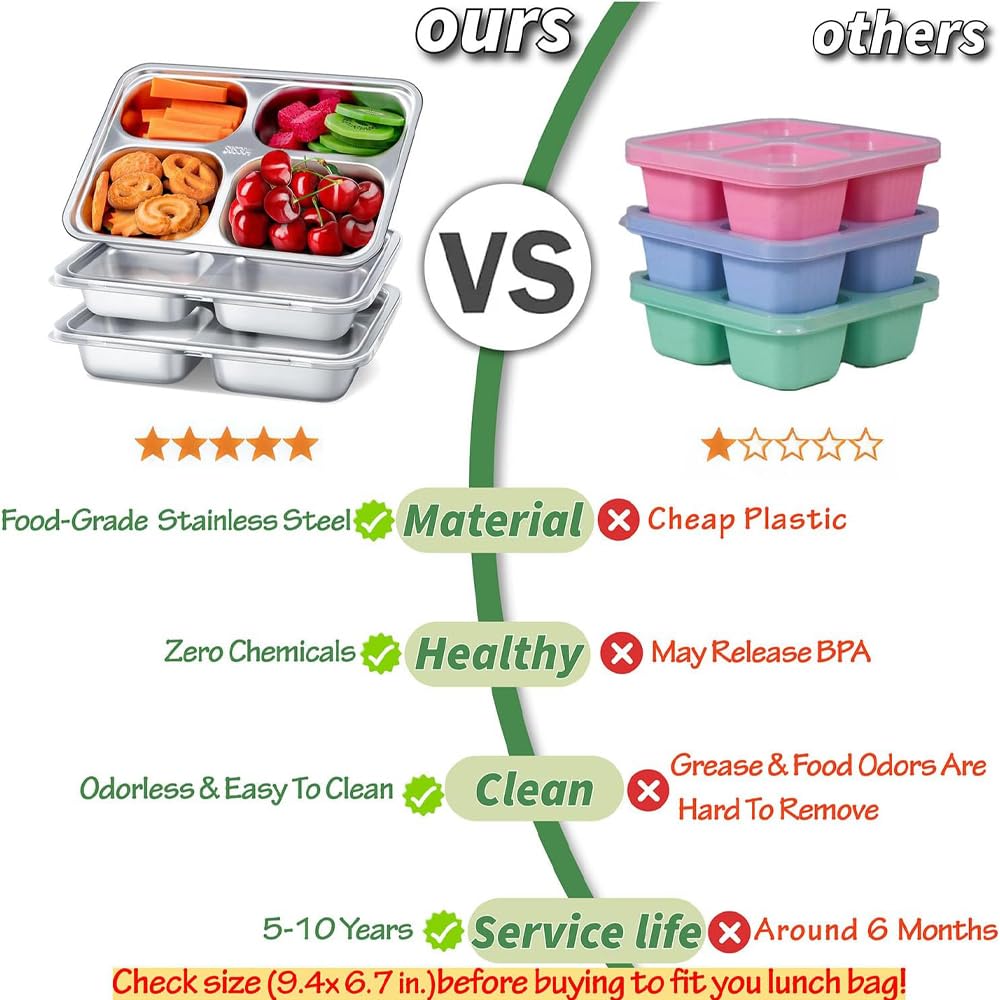 3 Pack Stainless Steel Snack Containers with Lids,4 Compartments Stainless Steel Lunch Box,Reusable Meal Prep Lunch Containers for Kids Adults, Divided Food Storage Containers for School Home Travel