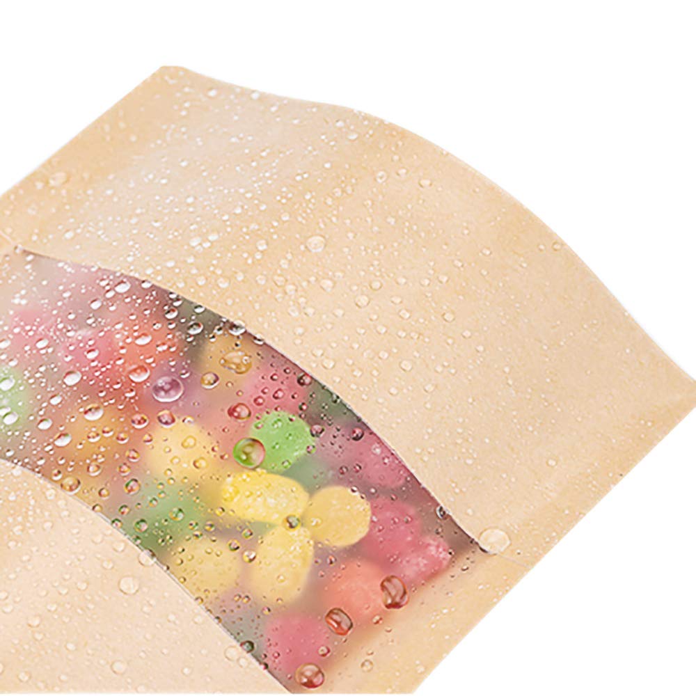 Kingrol 300 Count 3.5 x 5.5 Inch Kraft Paper Bags with Resealable Lock Seal Zipper &Transparent Window, Stand Up Food Bags