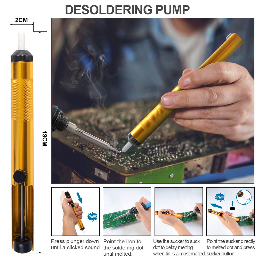 HANDSKIT Soldering Iron Kit, 60W Adjustable Temperature Welding Tool, 5pcs Soldering Iron Tip, Soldering Iron Stand, Desoldering Pump, Tweezers, Solder Wire, Carry Bag
